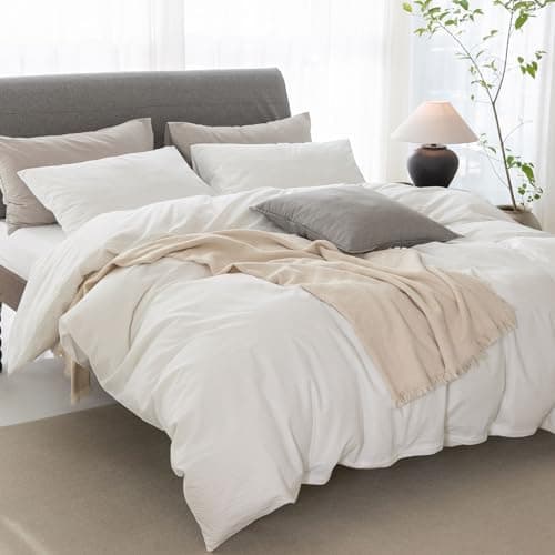 100% Washed Cotton Linen Like King Duvet Cover Set - Ultra Soft & Breathable, 3 Pieces (Off White)