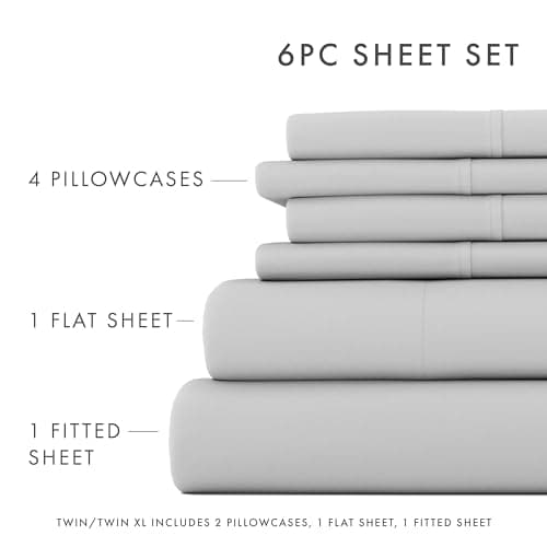 6 Piece Linen Bed Sheet Set, Light Gray, California King