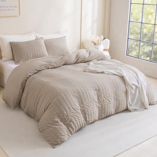 Litanika Queen Khaki Seersucker Comforter Set (90x90In Comforter & 2 Pillowcases)