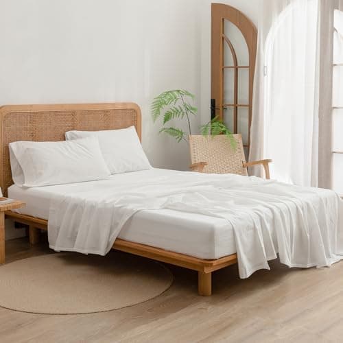 BESTOUCH Washed Cotton Linen Feel Queen Sheet Set 4 Pcs Solid Off White