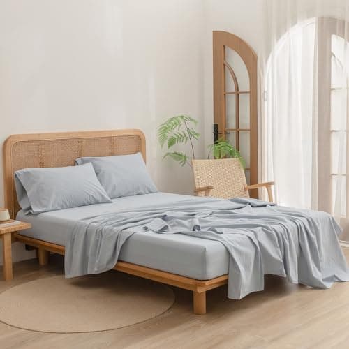 BESTOUCH Cornflower Blue King 4 Pcs Washed Cotton Linen Feel Sheet Set