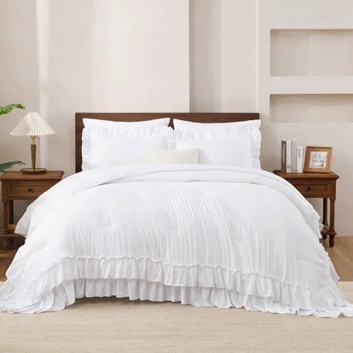 White Shabby Chic Queen Comforter Set with Microfiber Ruffles & Pillowcases
