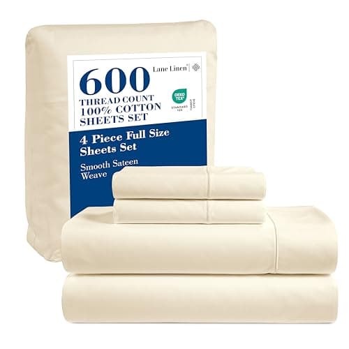 Lane Linen 100% Cotton Full Size Sateen Sheets Set - 600 Thread Count Ivory