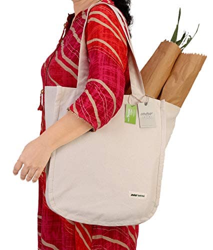 Reusable Organic Cotton Tote Bag with Bottle Sleeve| Grocery Shopping Shoulder Bag| Foldable & Washable