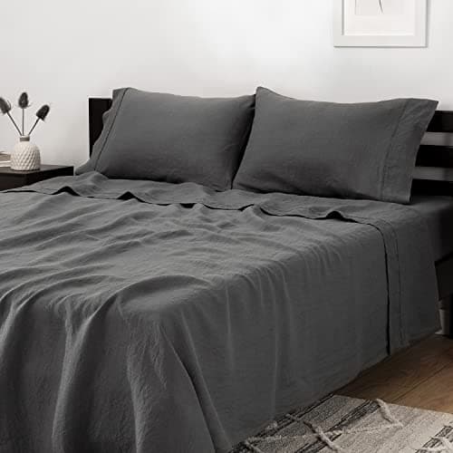 Mellanni 100% Linen Queen Sheets - Gray Sheet Set Fits 16" Mattresses