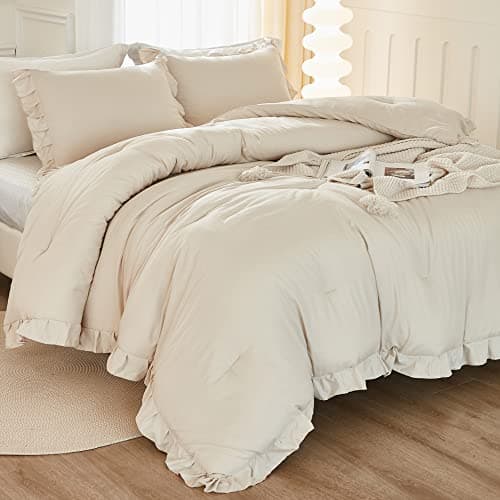 Litanika Queen Beige Ruffle Comforter Set, 3 Pieces, Fluffy Bedding