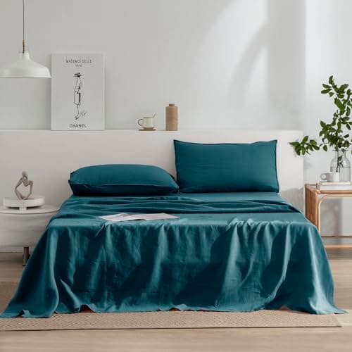 100% French Stonewash Pure Linen Sheets Set, 4Pieces, Suitable for Hot Sleepers, Saga Green, King Size