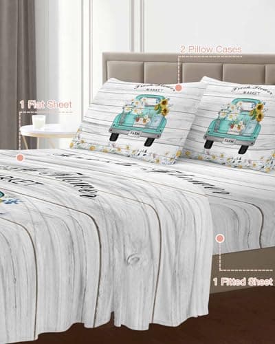King Size Vintage Flower Daisies Bed Sheets Set, Deep Pockets, Soft & Breathable