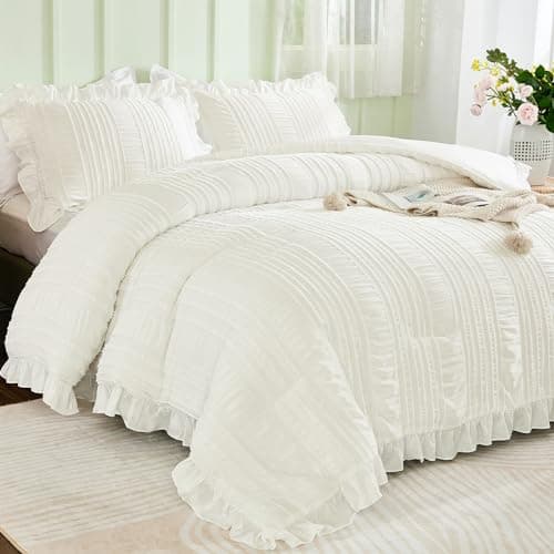 WONGS BEDDING Queen Shabby Chic Comforter Set 3 Pieces Ruffle SeersuckerTextures