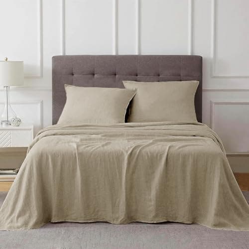 Talasily Queen Size Linen Cotton Sheets, Beige, Deep Pockets