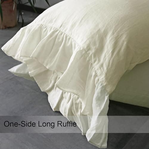 Shabby Chic Ivory Queen Size Linen Pillowcase, Ruffles Closure (1 PCS)