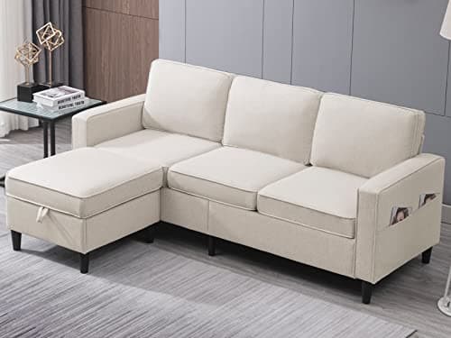 Convertible L-Shaped Linen Couch with Reversible Ottoman