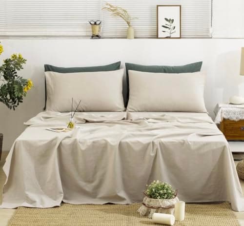 TUMEI 100% Natural Linen King Size Sheets Set - Soft & Durable 4PC Bedding
