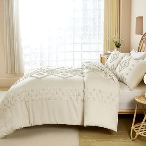 Dinjoy Shabby Chic Cream/Beige Boho Comforter Set Queen 3 Pieces Soft Fluffy