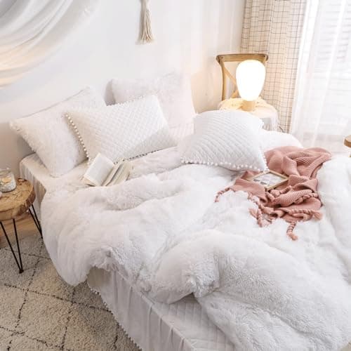 Fluffy White Duvet Cover Set for Twin Bed, 2 Pieces (1 Faux Fur Duvet Cover + 1 Plush Pillow Cases)