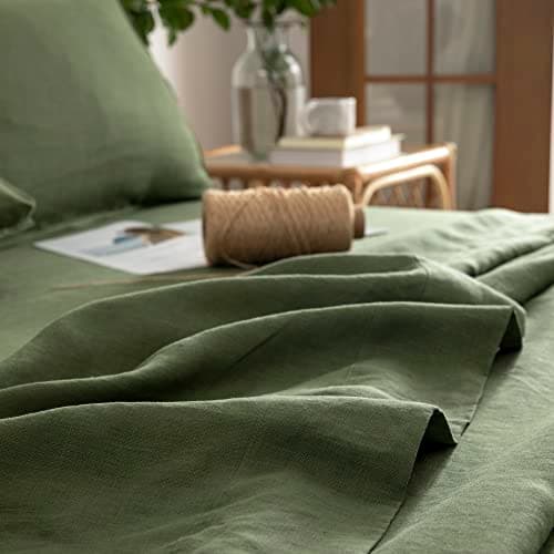 EVERLY Stonewashed French Linen Queen Sheet Set, Mossy Green, 4 PCS