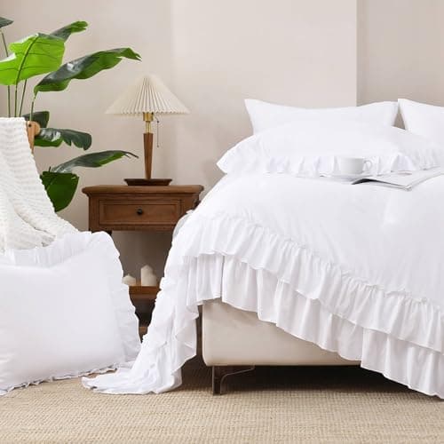 White Shabby Chic Queen Comforter Set with Microfiber Ruffles & Pillowcases