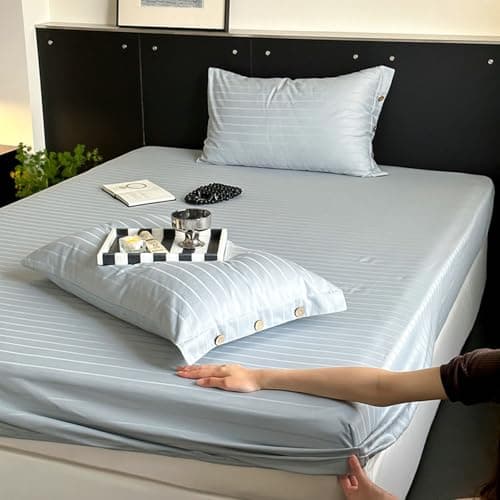 Light Green Thin Stripe 59"x79" Long Staple Cotton Queen 3 Piece Sheet Set