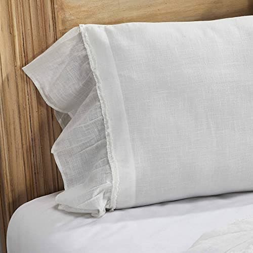 Ruffled King Size Pillow Case Set of 2, Soft White Linen-Look Textured Fabric