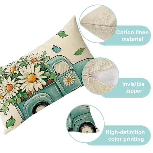 Blue Truck Spring Daisy Flower Eucalyptus Rectangular Throw Pillow Cover