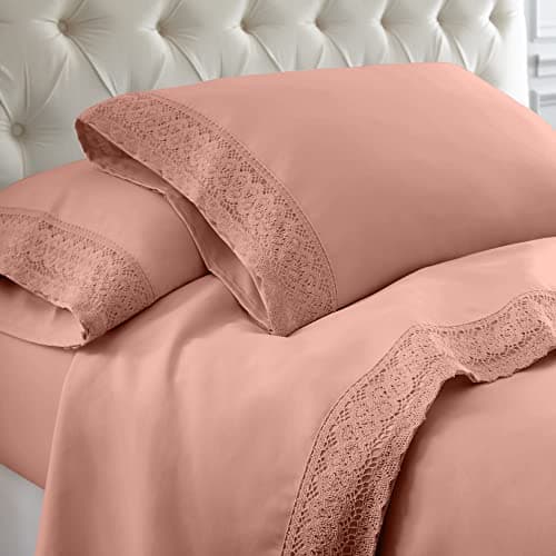 Modern Threads Soft Microfiber Crochet Lace Sheets - White/Blush Queen