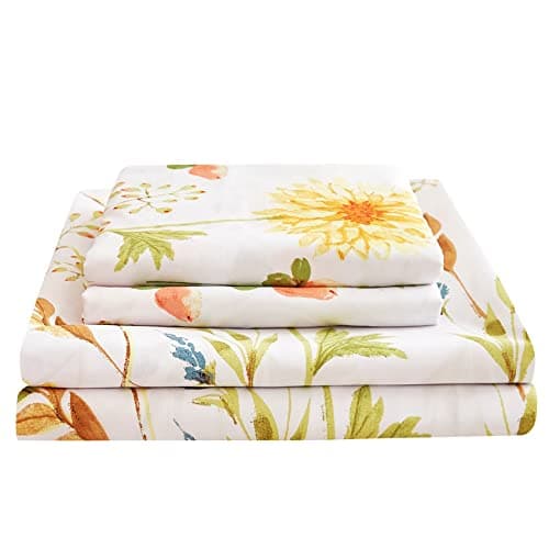 JSD Yellow Floral Printed Full Size 4 Piece Microfiber Sheet Set Extra Deep Pocket