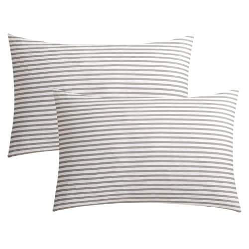 JELLYMONI 100% Natural Cotton Striped Pillowcases Set, 2 Pack White and Grey Stripes Printed Covers