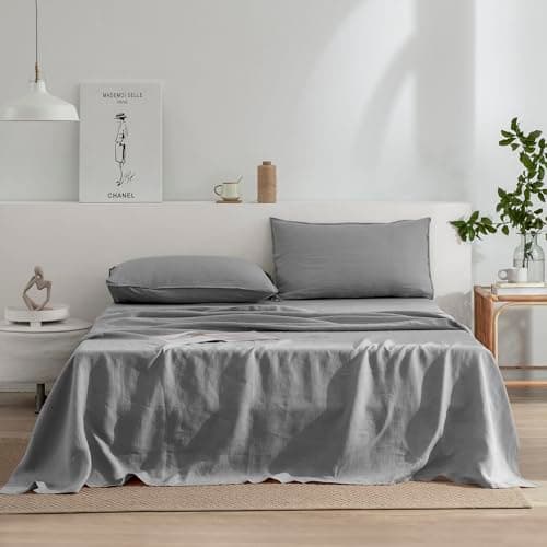 100% French Stonewash Pure Linen Sheets Set, 4Pieces, Suitable for Hot Sleepers, Saga Green, King Size