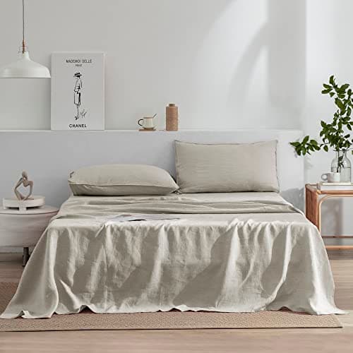 100% French Stonewash Pure Linen Sheets Set, 4Pieces, Suitable for Hot Sleepers, Saga Green, King Size