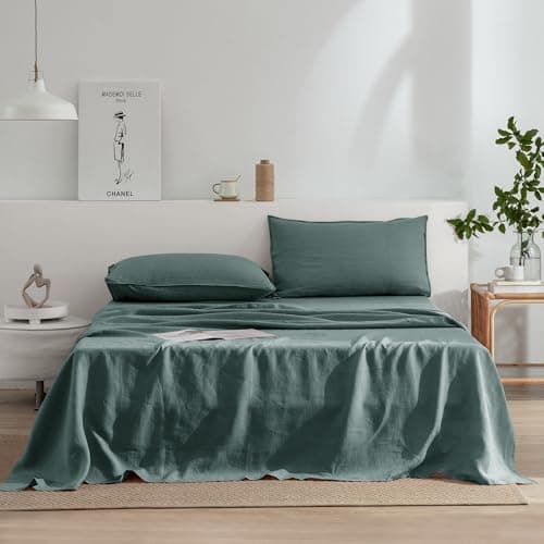 100% French Stonewash Pure Linen Sheets Set, 4Pieces, Suitable for Hot Sleepers, Saga Green, King Size