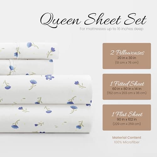 Oeko-TEX Certified Ultra Soft Linen Market Queen Sheet Set - Floral Light Blue
