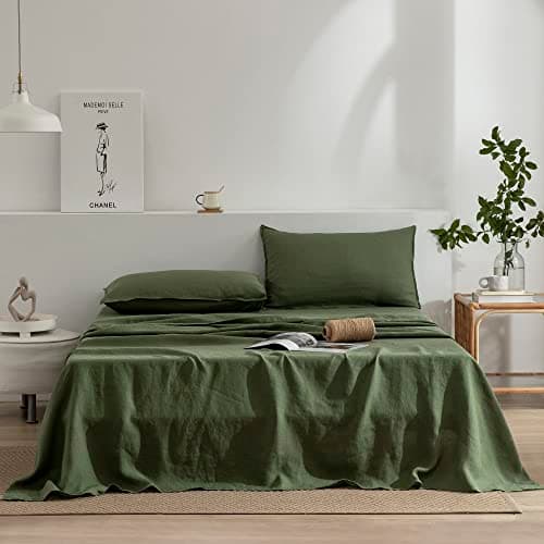 100% French Stonewash Pure Linen Sheets Set, 4Pieces, Suitable for Hot Sleepers, Saga Green, King Size