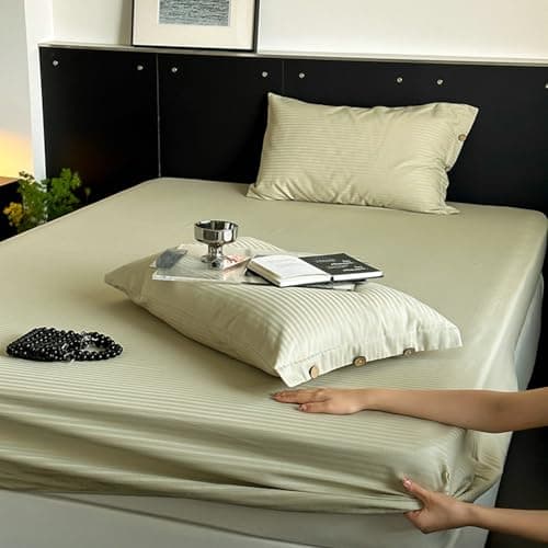 Light Green Thin Stripe 59"x79" Long Staple Cotton Queen 3 Piece Sheet Set