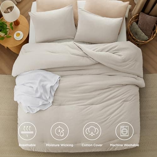 Queen Size Linen Color Comforter Set - Cotton Fabric with Microfiber Fill, 3 Pieces