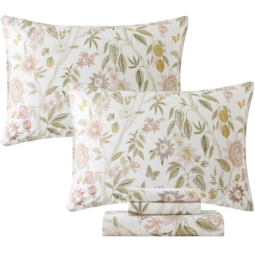 Queen Percale Cotton Sheets Set, Luxury Vintage Roses Floral, Deep Pocket Fitted, Super Soft & Breathable, 4pcs