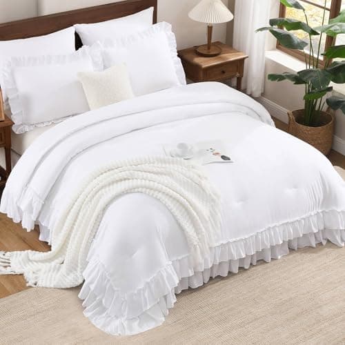 White Shabby Chic Queen Comforter Set with Microfiber Ruffles & Pillowcases