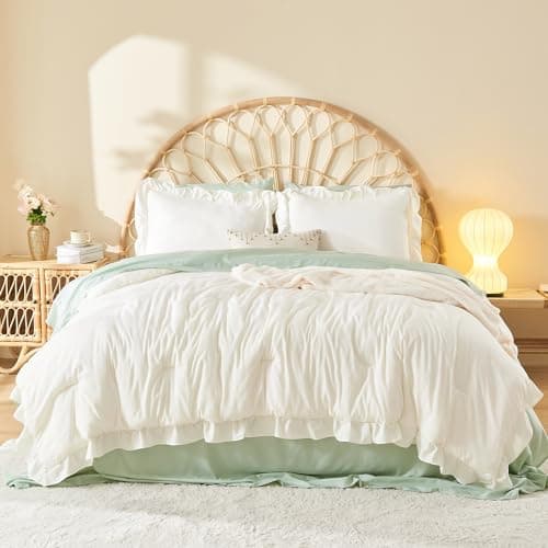 Litanika Queen Beige Ruffle Comforter Set, 3 Pieces, Fluffy Bedding