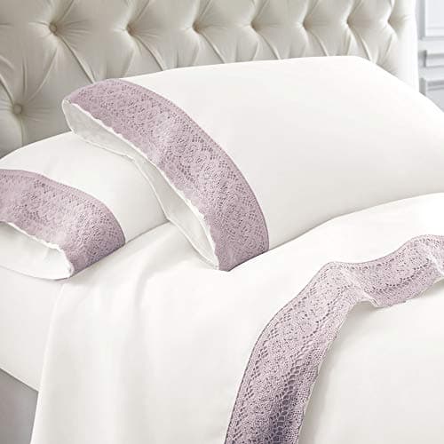 Modern Threads Soft Microfiber Crochet Lace Sheets - White/Blush Queen