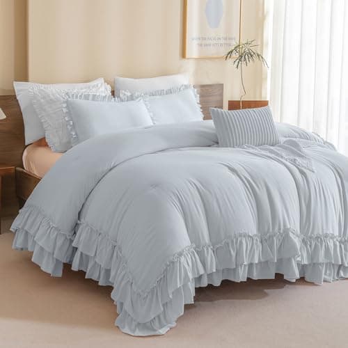 Masaca Ruffled Comforter Set Queen, Farmhouse Boho Chic Linen Feel Bedding