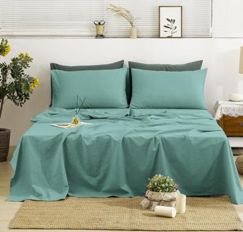 TUMEI 100% Natural Linen King Size Sheets Set - Soft & Durable 4PC Bedding