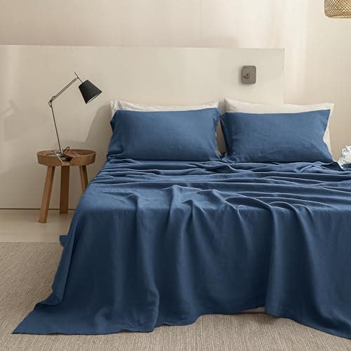 Simple Opulence 100% Linen Queen Bed Sheets, Classic Blue, 4-Piece Set