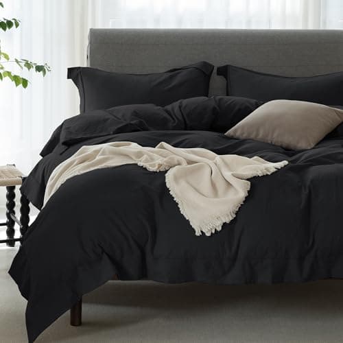 100% Washed Cotton Linen Like King Duvet Cover Set - Ultra Soft & Breathable, 3 Pieces (Off White)