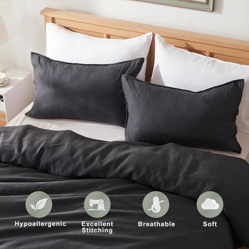 TOSMO Stone Washed 100% Linen Pillowcase Set, Charcoal Grey, 20" x 26"