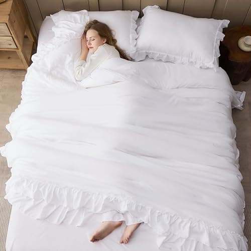 White Shabby Chic Queen Comforter Set with Microfiber Ruffles & Pillowcases