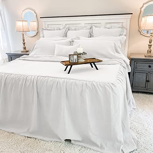 Provincial Linen White Ruffled King Bedspread with Ruffled Skirt, 100% Linen