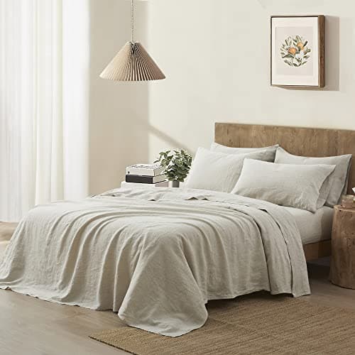 ATLINIA Stone Washed Flax Linen Queen Bed Sheets Set