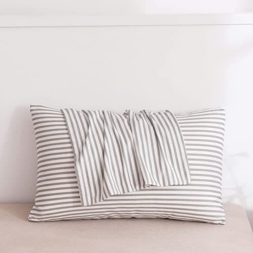 JELLYMONI 100% Natural Cotton Striped Pillowcases Set, 2 Pack White and Grey Stripes Printed Covers