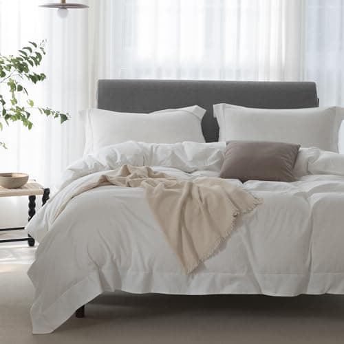 100% Washed Cotton Linen Like King Duvet Cover Set - Ultra Soft & Breathable, 3 Pieces (Off White)