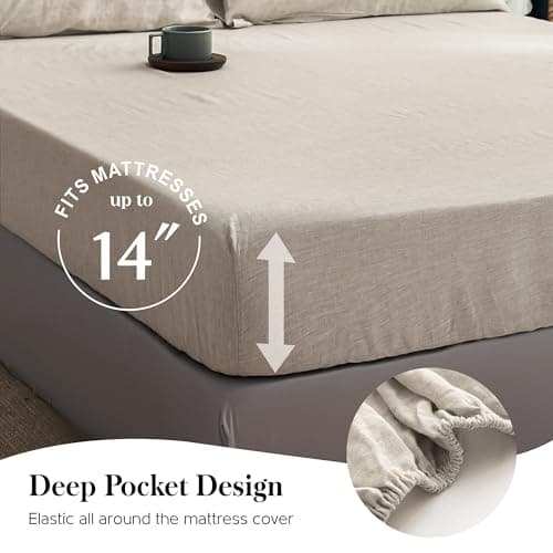 100% Washed Linen Sheet Set - King Size - Natural France Flax - 4 Piece Breathable Ultra Soft Farmhouse Bedding - Embroidery Linen