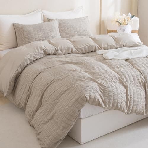 Litanika Queen Khaki Seersucker Comforter Set (90x90In Comforter & 2 Pillowcases)